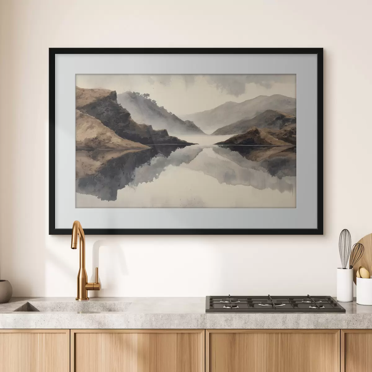 Poster Montagne avvolte nella nebbia e un lago con riflessi specchiati f49186