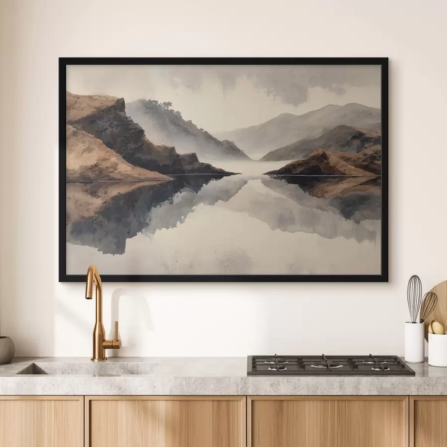 carta da parati Montagne avvolte nella nebbia e un lago con riflessi specchiati nr. f49186