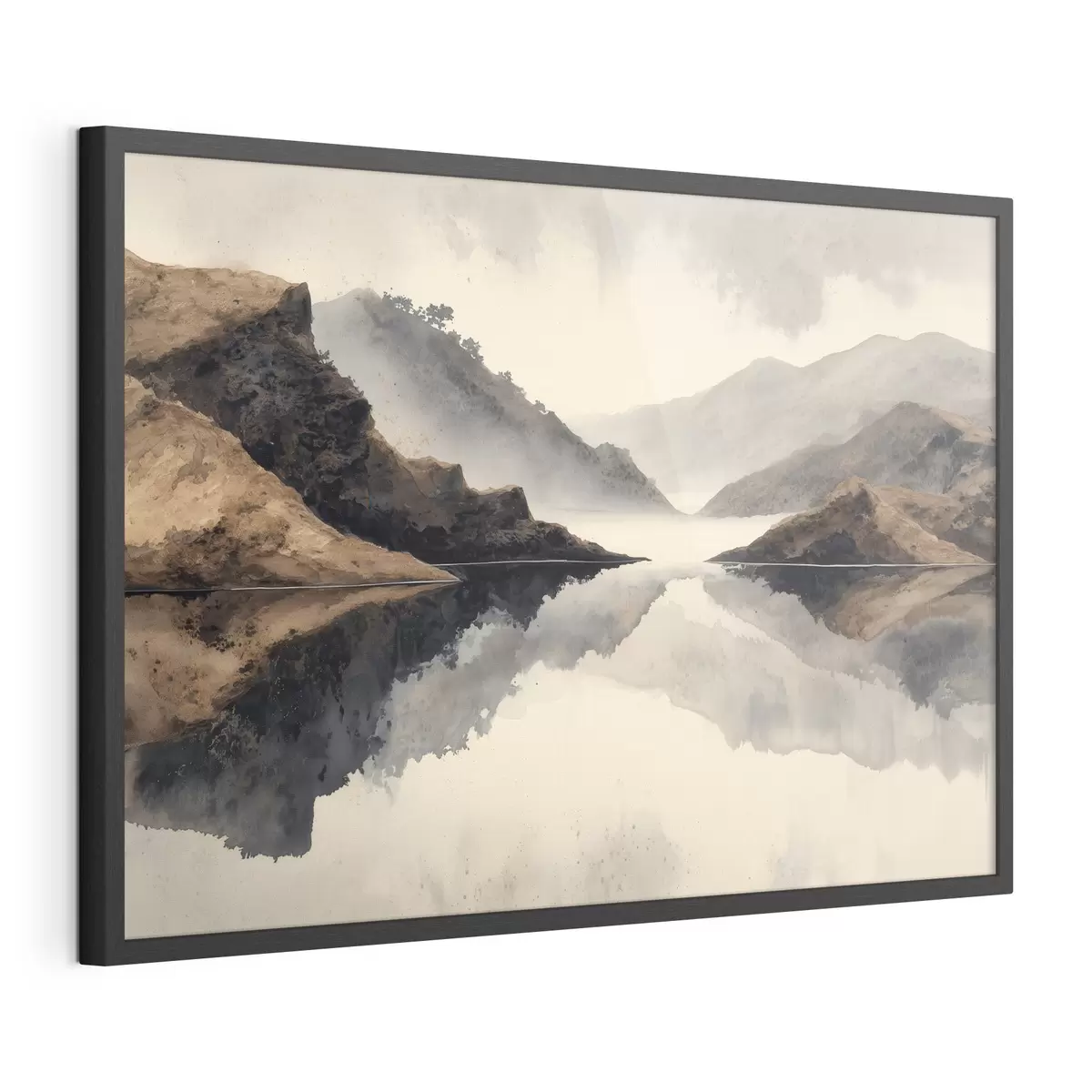 Poster Montagne avvolte nella nebbia e un lago con riflessi specchiati f49186