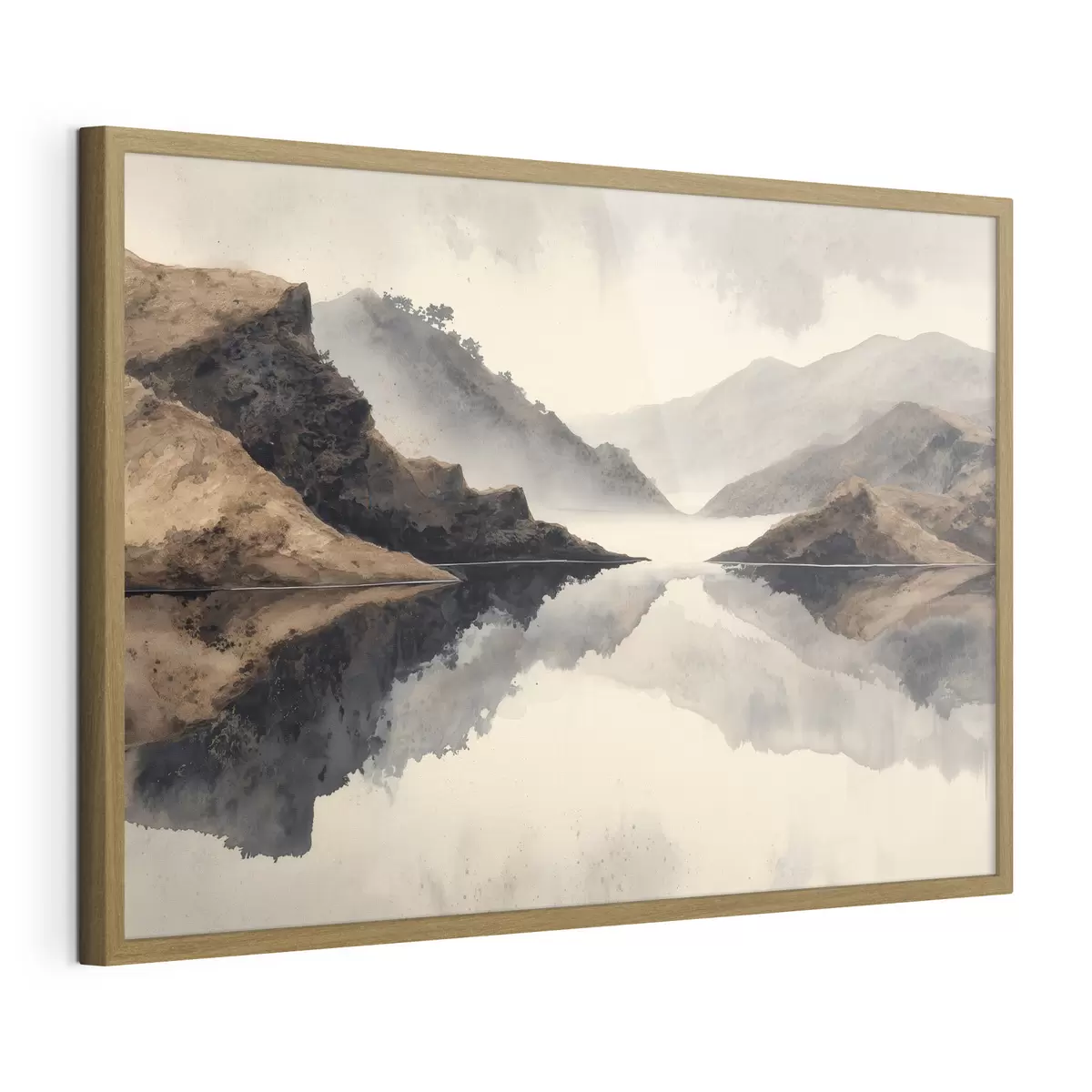 Poster Montagne avvolte nella nebbia e un lago con riflessi specchiati f49186