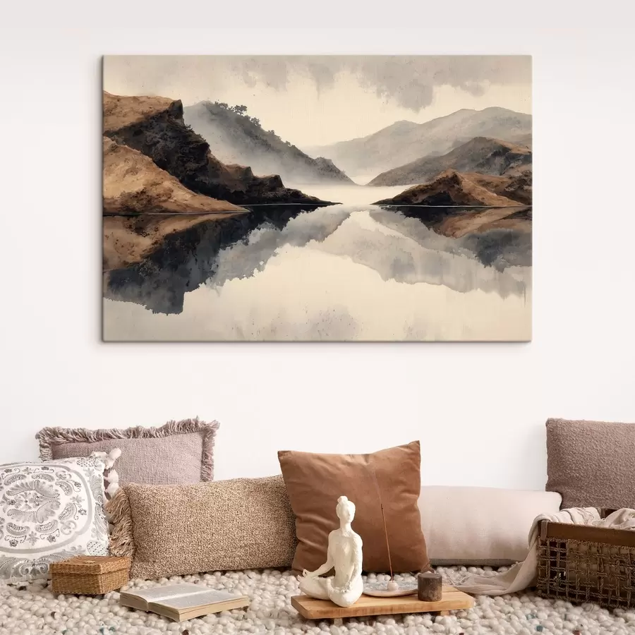 carta da parati Montagne avvolte nella nebbia e un lago con riflessi specchiati nr. s49186