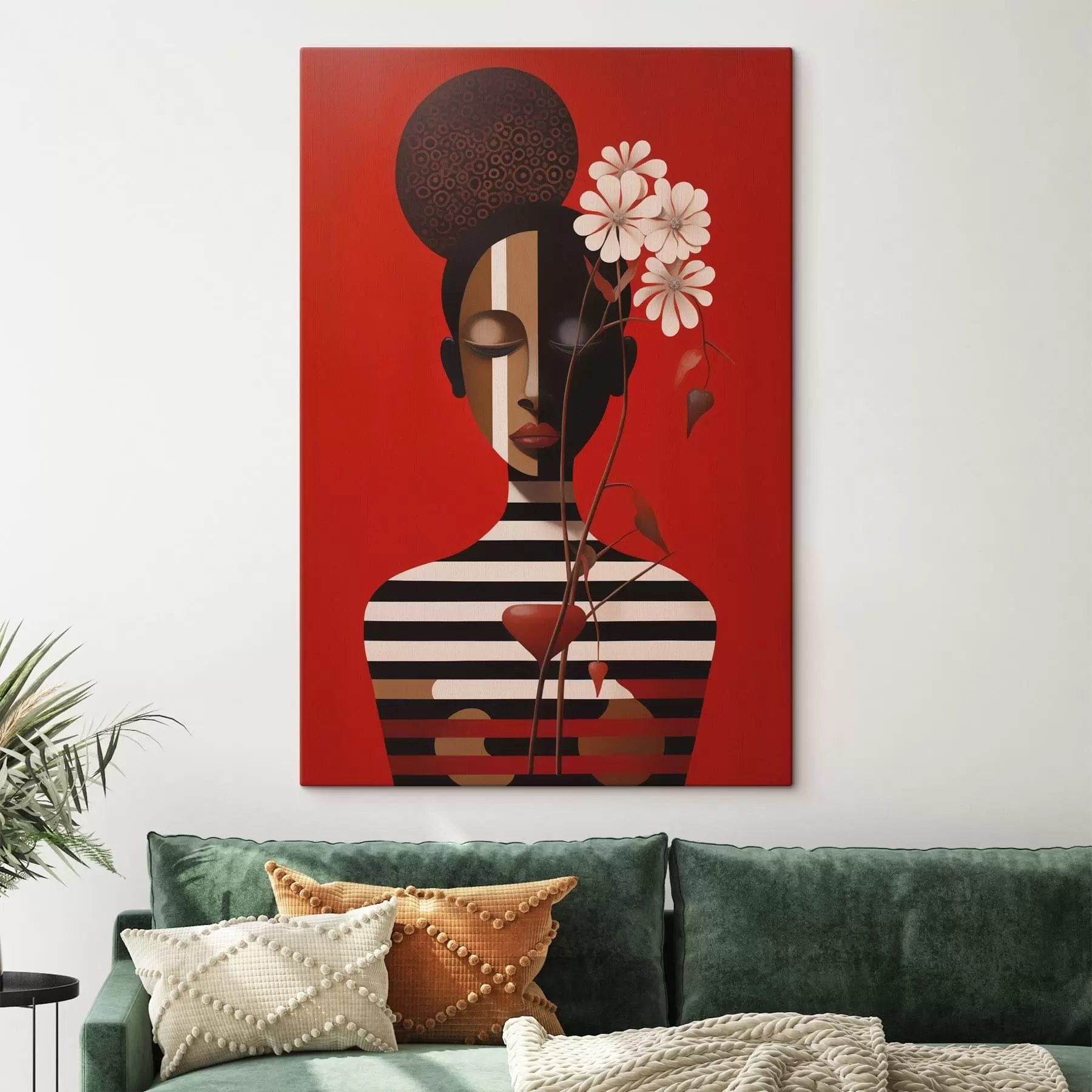 carta da parati Ritratto geometrico con fiori su sfondo rosso nr. s49191