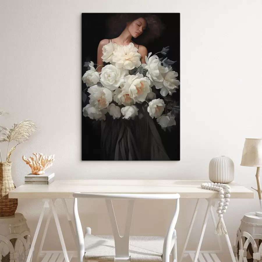 carta da parati Donna con un grande mazzo di fiori dai colori tenui nr. s49220