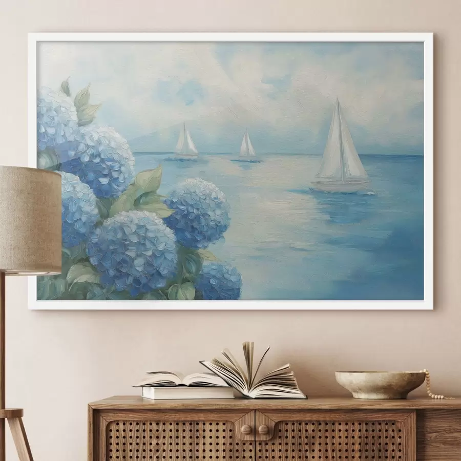 carta da parati Paesaggio marino con ortensie nr. f49276