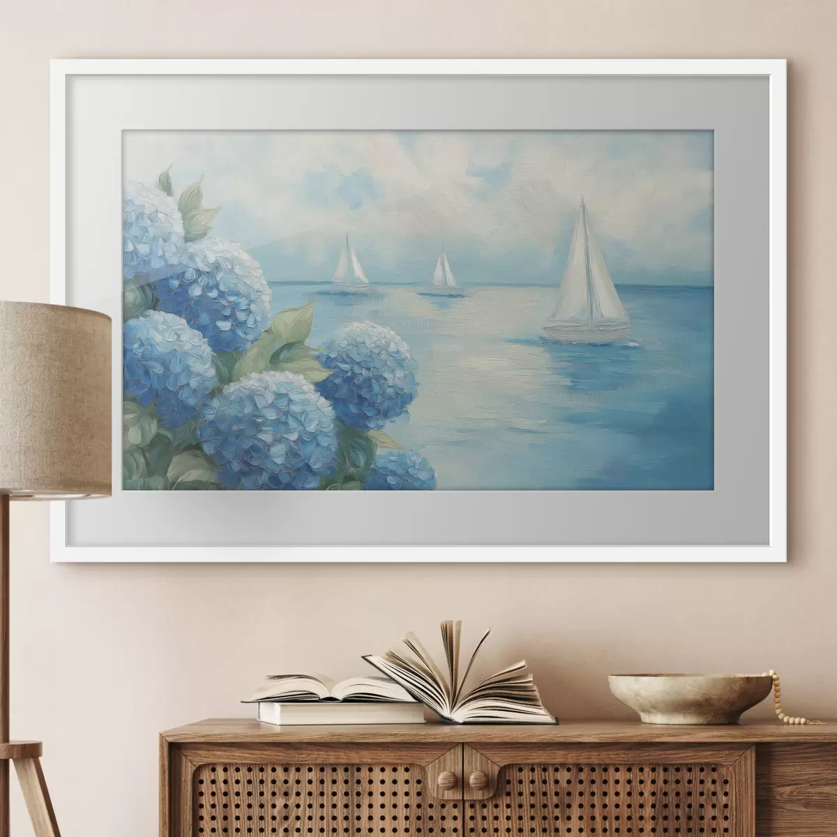Poster Paesaggio marino con ortensie f49276