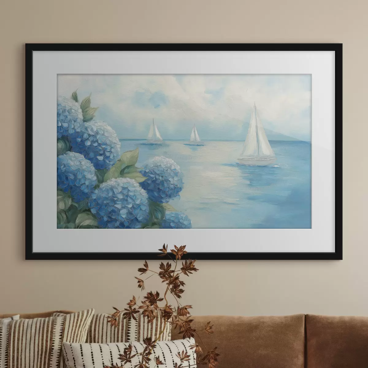Poster Paesaggio marino con ortensie f49276