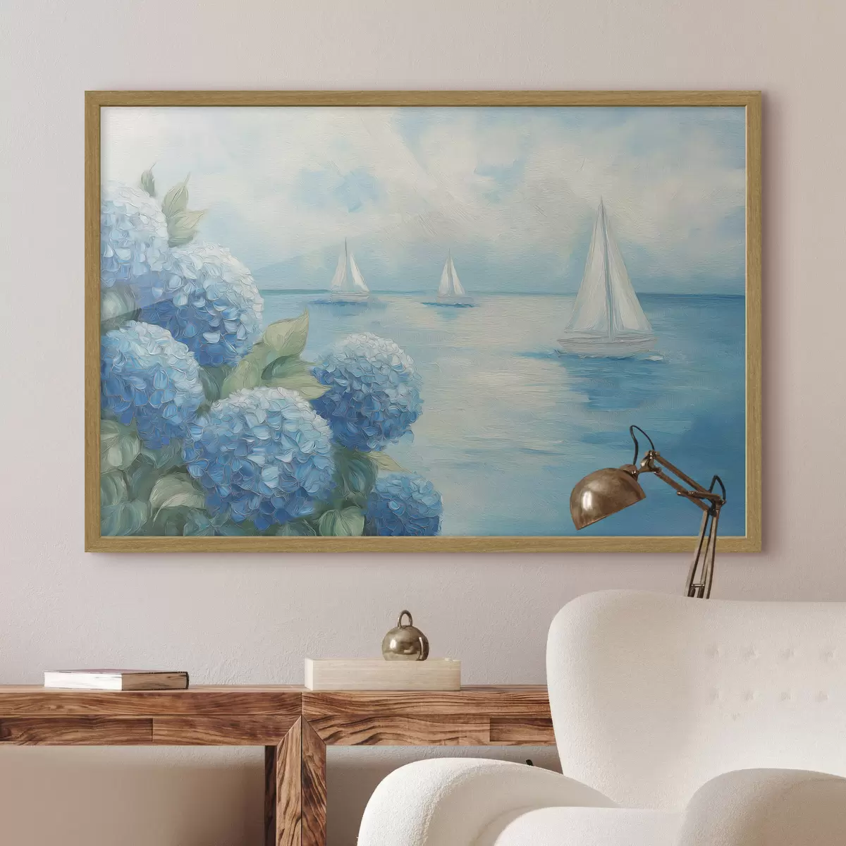 Poster Paesaggio marino con ortensie f49276
