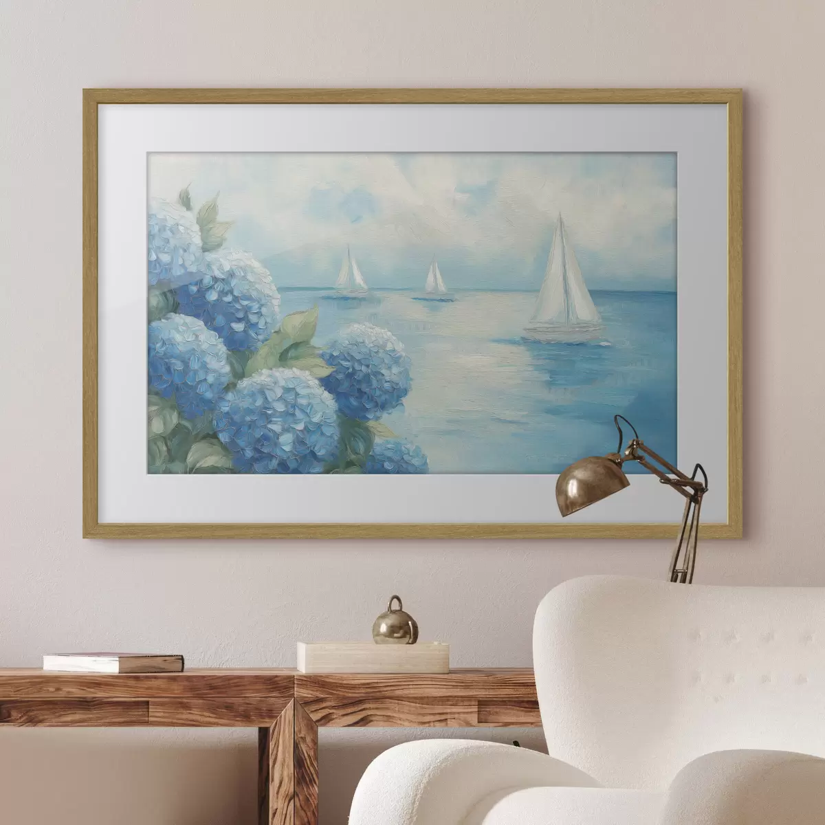 Poster Paesaggio marino con ortensie f49276