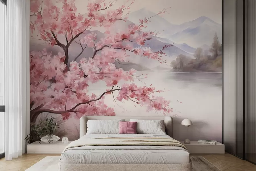 carta da parati Pittura paesaggistica: un albero in fiore, un lago e montagne avvolte dalla nebbia sullo sfondo nr. w09870