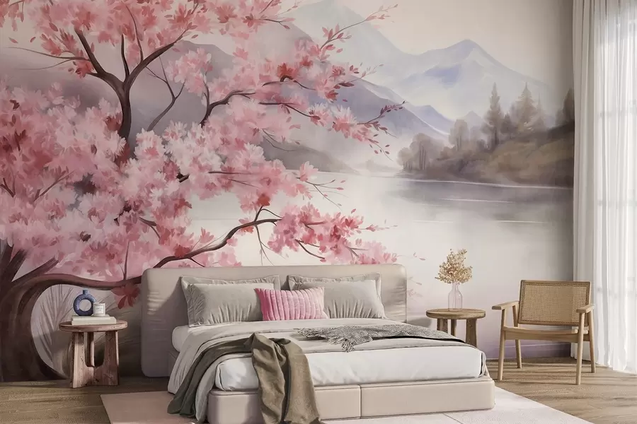 carta da parati Pittura paesaggistica: un albero in fiore, un lago e montagne avvolte dalla nebbia sullo sfondo nr. w09870