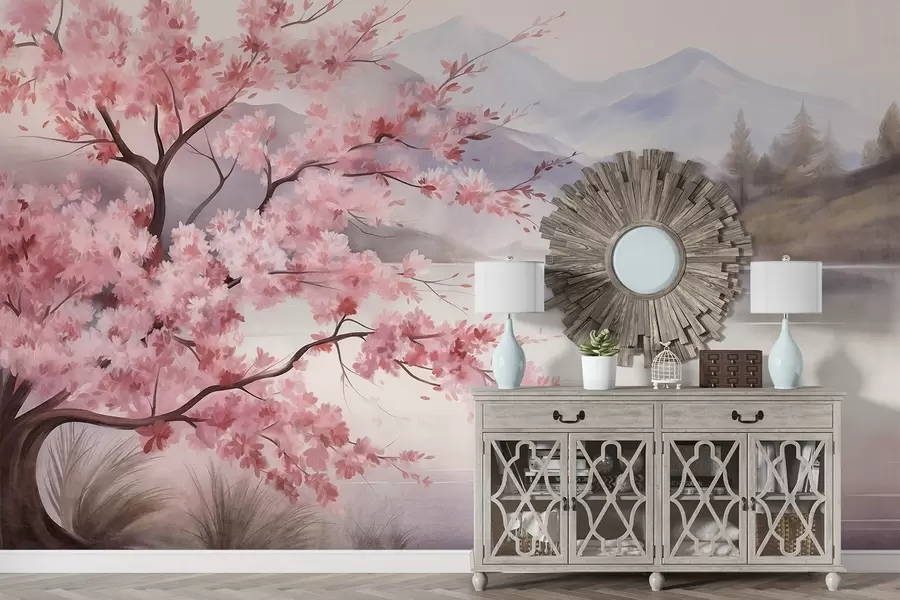 carta da parati Pittura paesaggistica: un albero in fiore, un lago e montagne avvolte dalla nebbia sullo sfondo nr. w09870