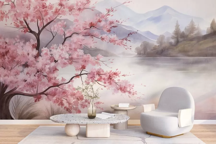 carta da parati Pittura paesaggistica: un albero in fiore, un lago e montagne avvolte dalla nebbia sullo sfondo nr. w09870