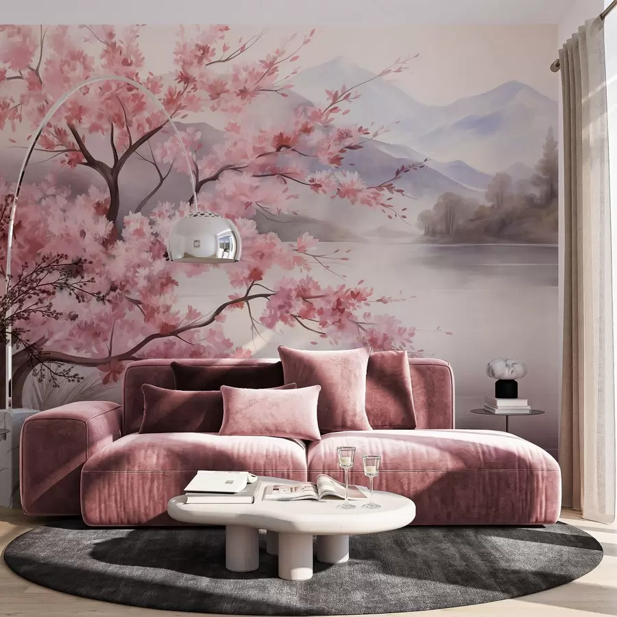 carta da parati Pittura paesaggistica: un albero in fiore, un lago e montagne avvolte dalla nebbia sullo sfondo nr. w09870