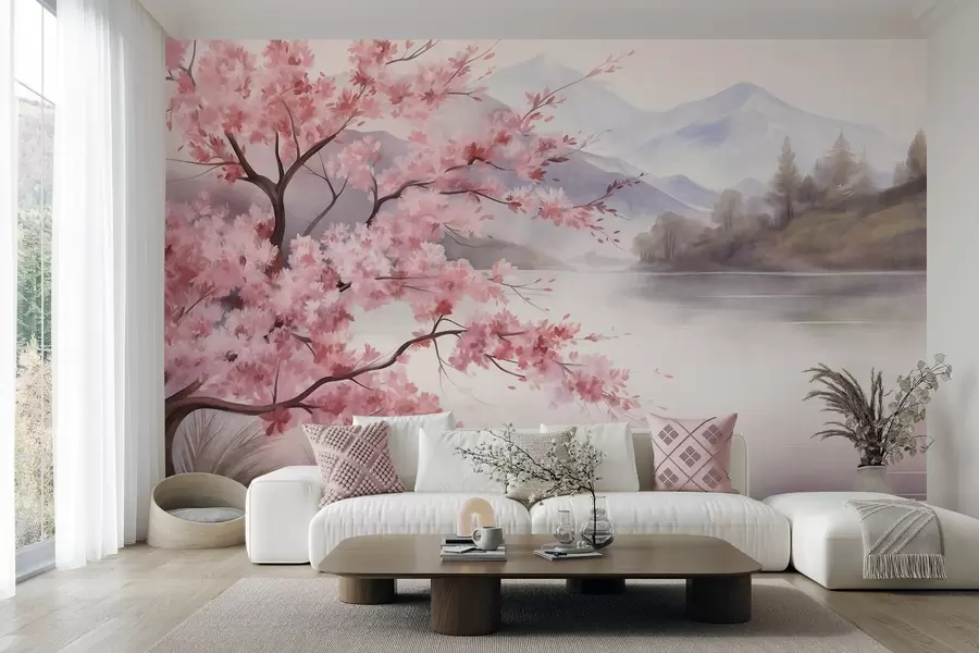 carta da parati Pittura paesaggistica: un albero in fiore, un lago e montagne avvolte dalla nebbia sullo sfondo nr. w09870