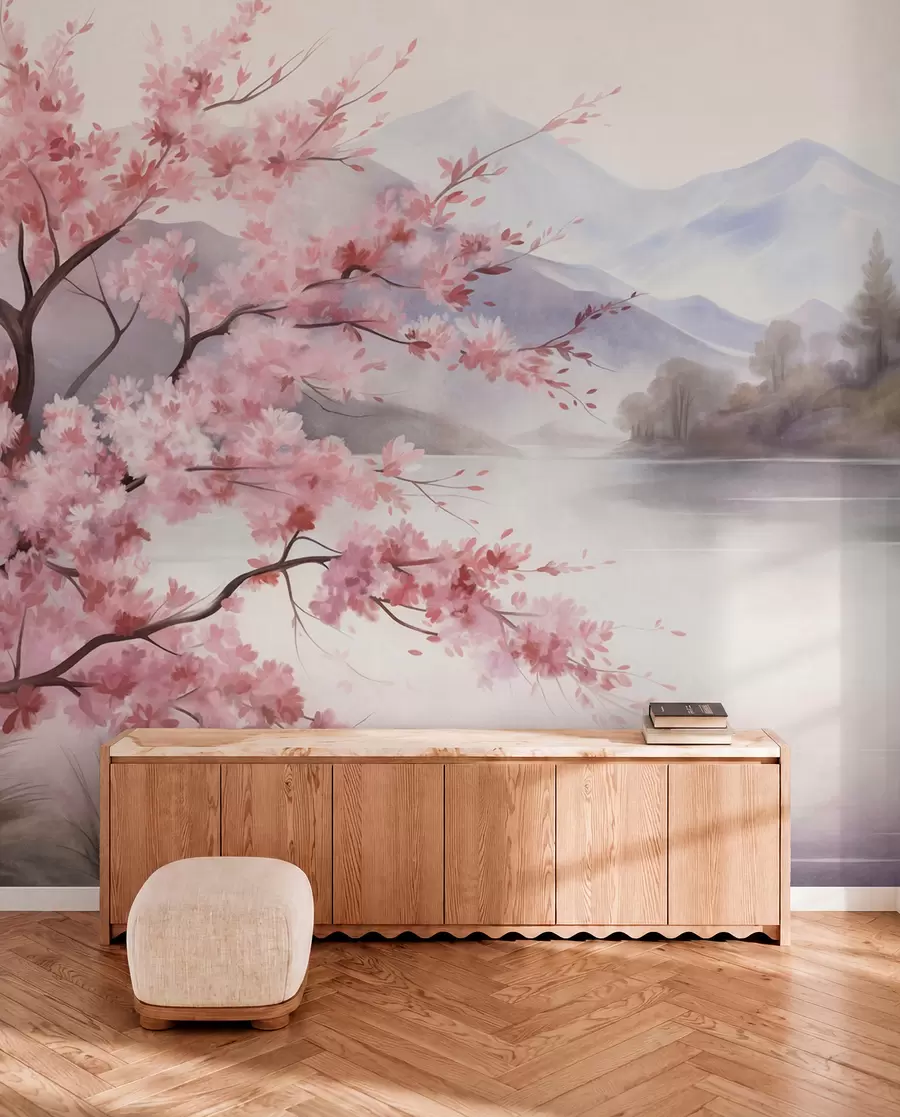carta da parati Pittura paesaggistica: un albero in fiore, un lago e montagne avvolte dalla nebbia sullo sfondo nr. w09870