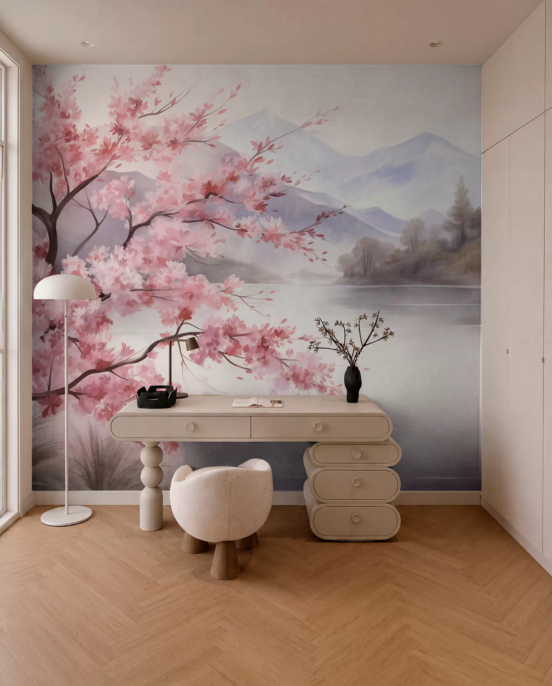 carta da parati Pittura paesaggistica: un albero in fiore, un lago e montagne avvolte dalla nebbia sullo sfondo nr. w09870