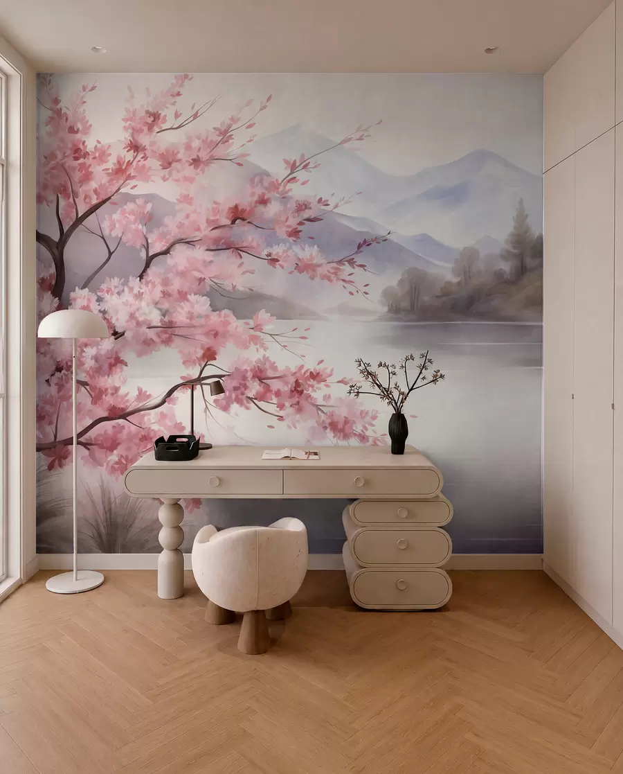 carta da parati Pittura paesaggistica: un albero in fiore, un lago e montagne avvolte dalla nebbia sullo sfondo nr. w09870