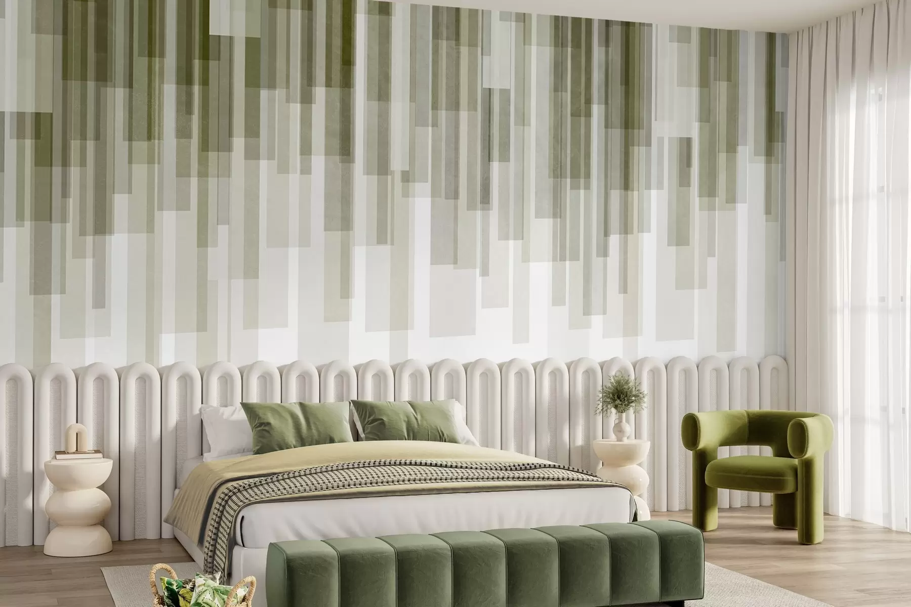 carta da parati Rettangoli verticali con texture, di diversa trasparenza e in diverse tonalità di verde; arte astratta nr. w09889