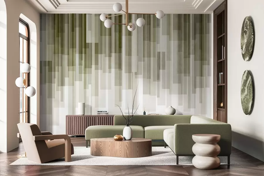 carta da parati Rettangoli verticali con texture, di diversa trasparenza e in diverse tonalità di verde; arte astratta nr. w09889