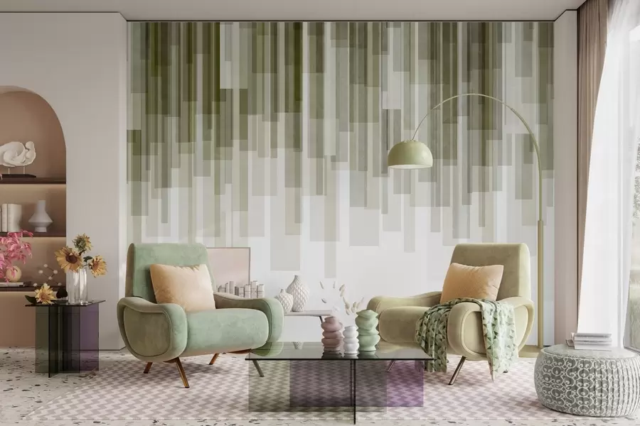 carta da parati Rettangoli verticali con texture, di diversa trasparenza e in diverse tonalità di verde; arte astratta nr. w09889