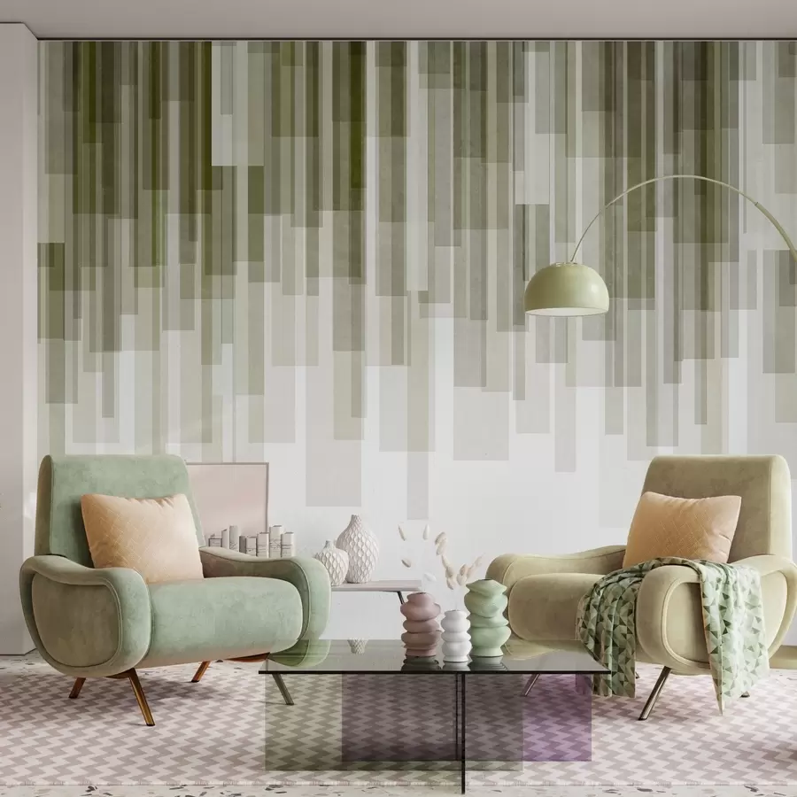 carta da parati Rettangoli verticali con texture, di diversa trasparenza e in diverse tonalità di verde; arte astratta nr. w09889