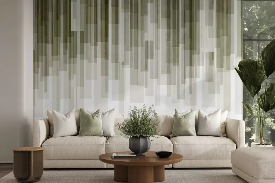 carta da parati Rettangoli verticali con texture, di diversa trasparenza e in diverse tonalità di verde; arte astratta nr. w09889
