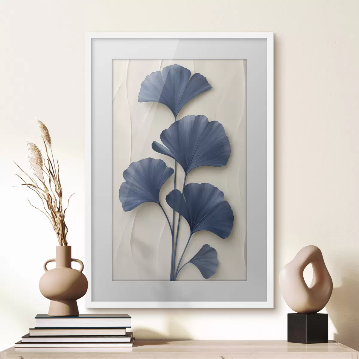 Poster Foglie di ginkgo su uno sfondo chiaro, un'immagine piatta con un effetto che simula la profondità di campo f49298