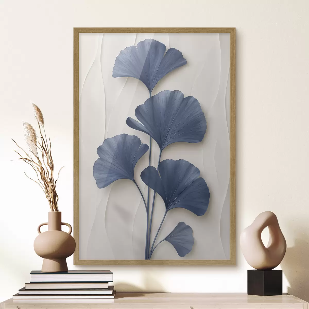 Poster Foglie di ginkgo su uno sfondo chiaro, un'immagine piatta con un effetto che simula la profondità di campo f49298