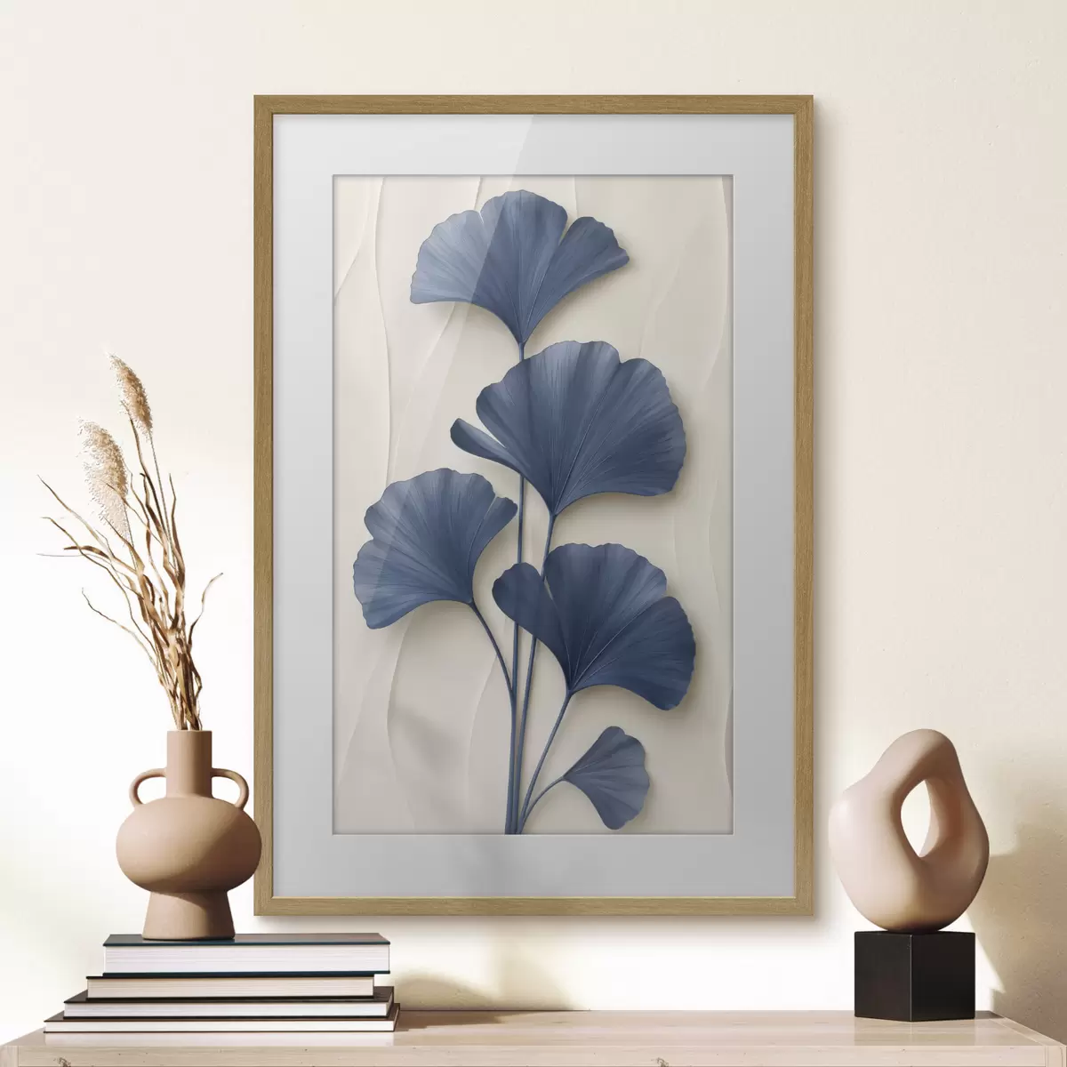 Poster Foglie di ginkgo su uno sfondo chiaro, un'immagine piatta con un effetto che simula la profondità di campo f49298