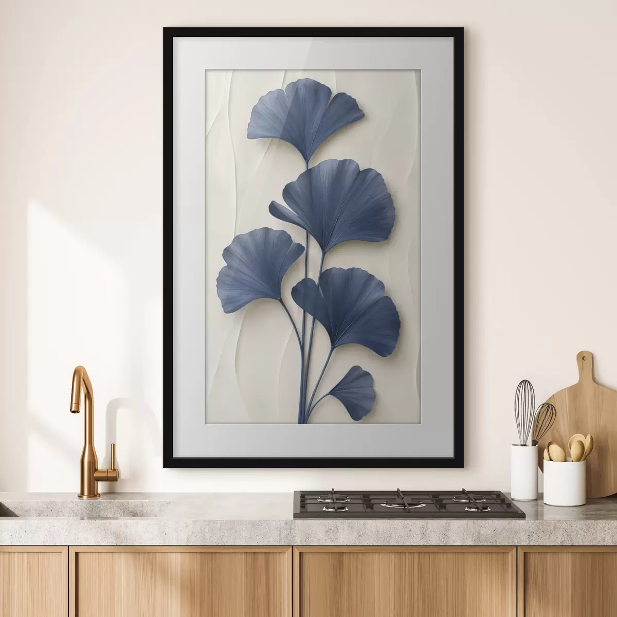 Poster Foglie di ginkgo su uno sfondo chiaro, un'immagine piatta con un effetto che simula la profondità di campo f49298