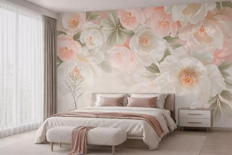Carta da parati Floreale Grandi fiori delicati nei toni del rosa e del crema n. w05540