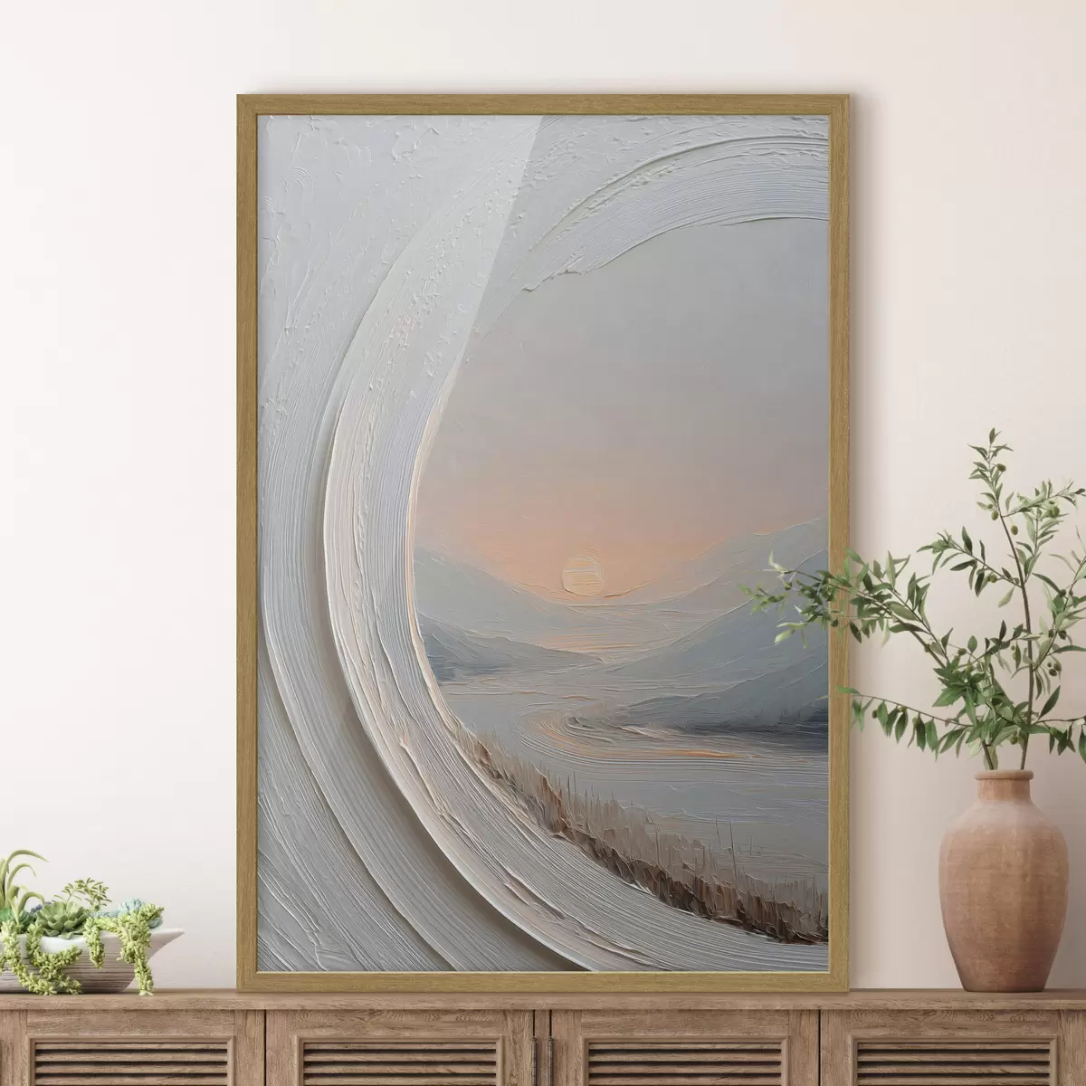 Poster Un dipinto di paesaggio in una cornice rotonda f49235