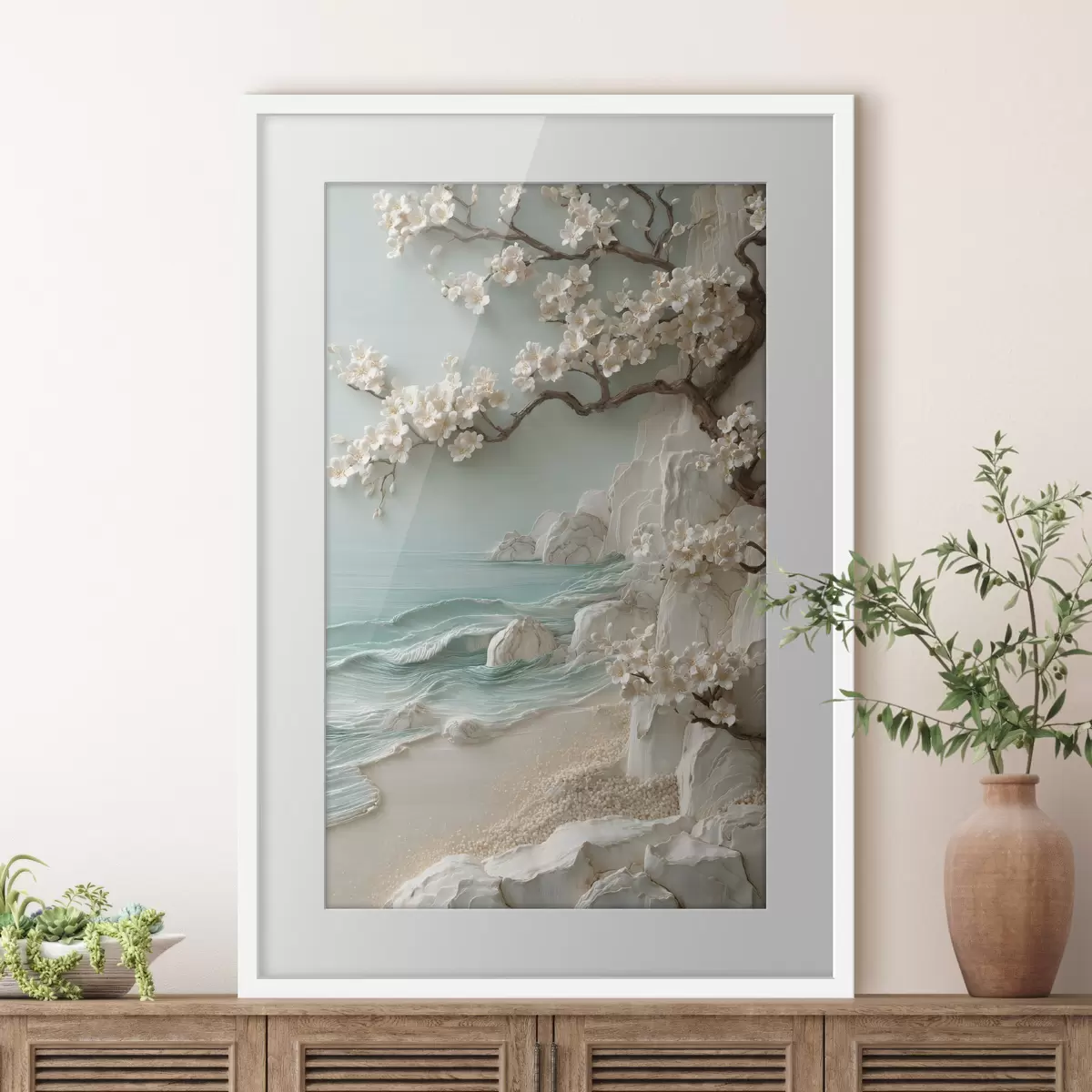 Poster Un albero in fiore in riva al mare, raffigurato in stile bassorilievo f49249
