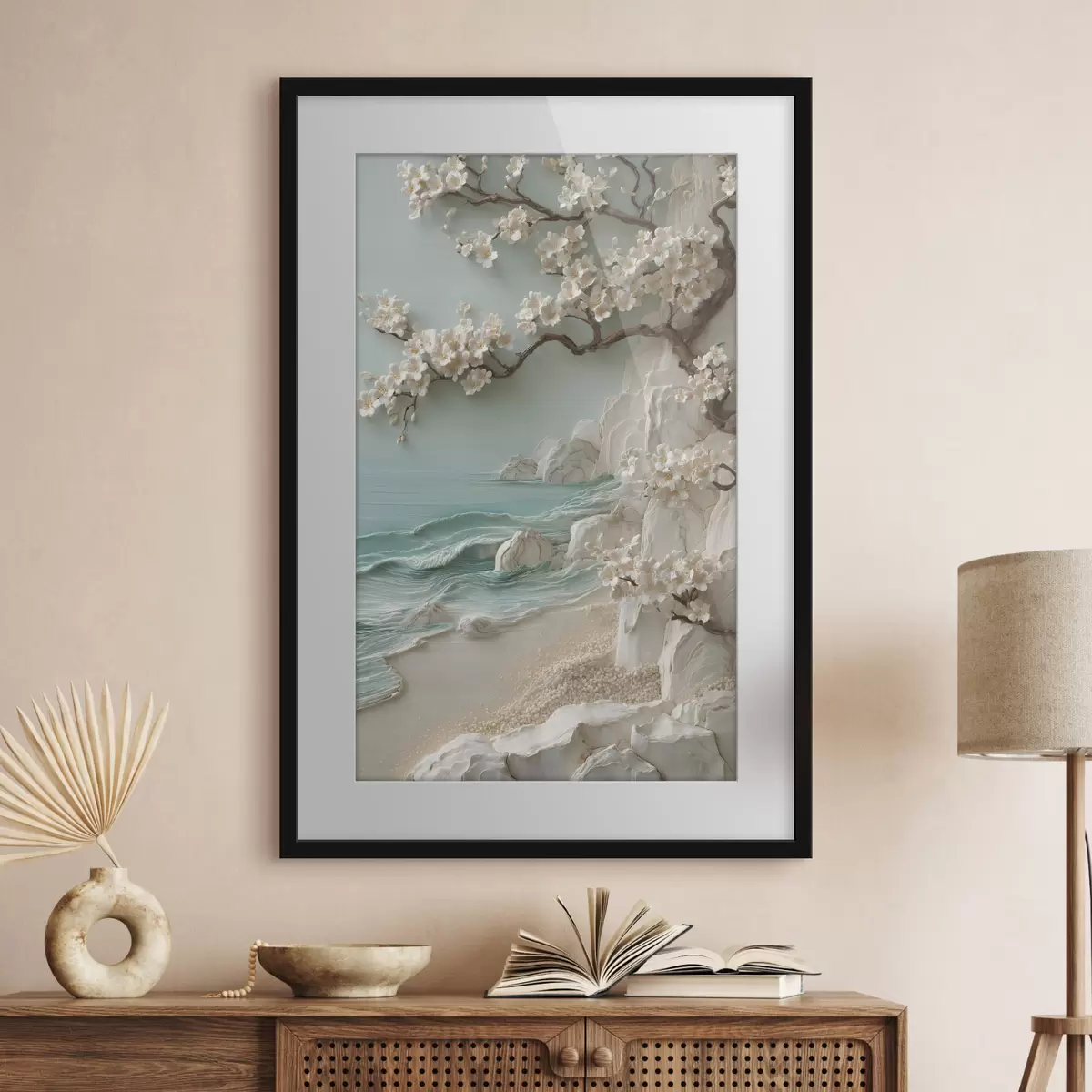Poster Un albero in fiore in riva al mare, raffigurato in stile bassorilievo f49249