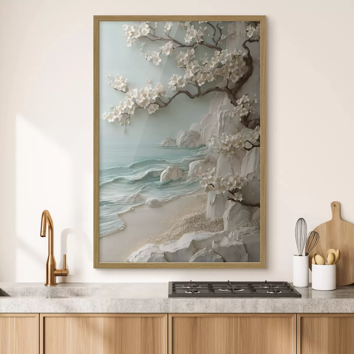 Poster Un albero in fiore in riva al mare, raffigurato in stile bassorilievo f49249