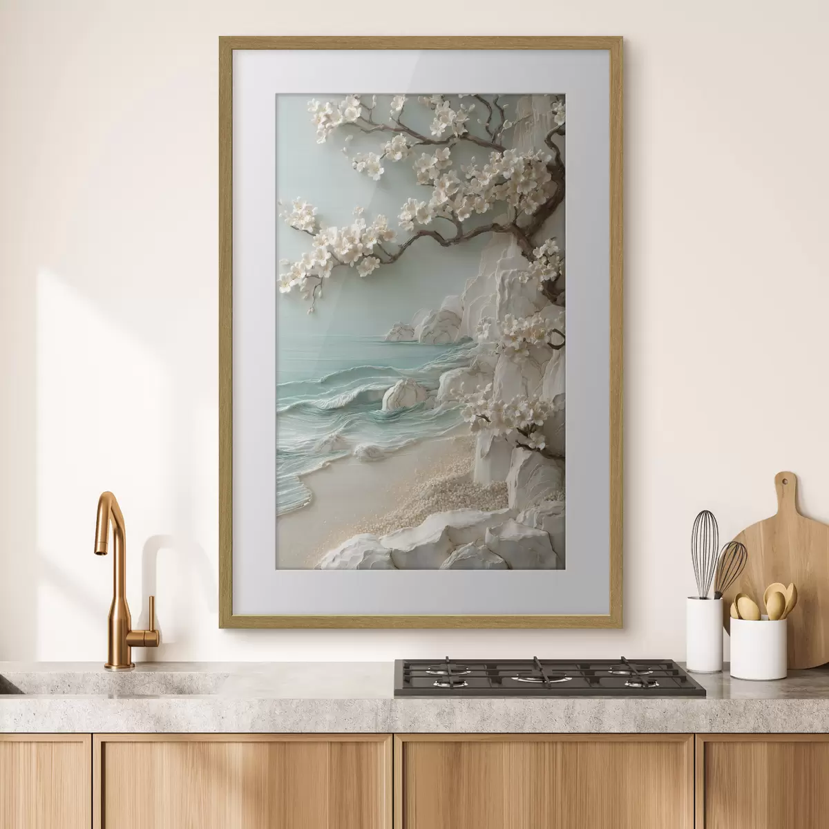 Poster Un albero in fiore in riva al mare, raffigurato in stile bassorilievo f49249