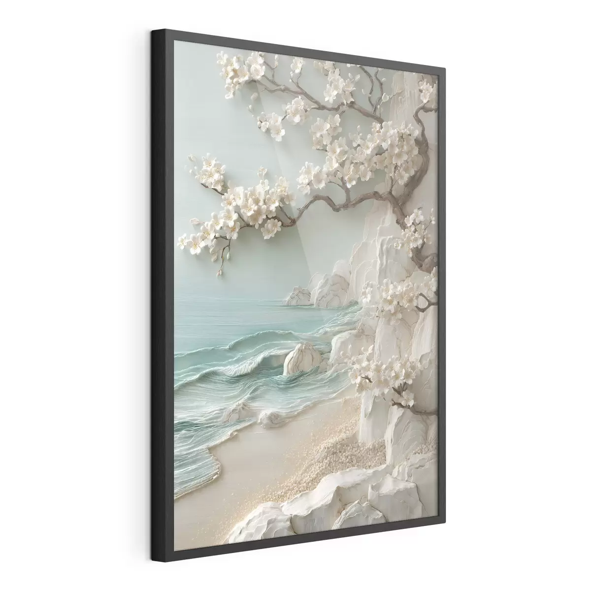 Poster Un albero in fiore in riva al mare, raffigurato in stile bassorilievo f49249