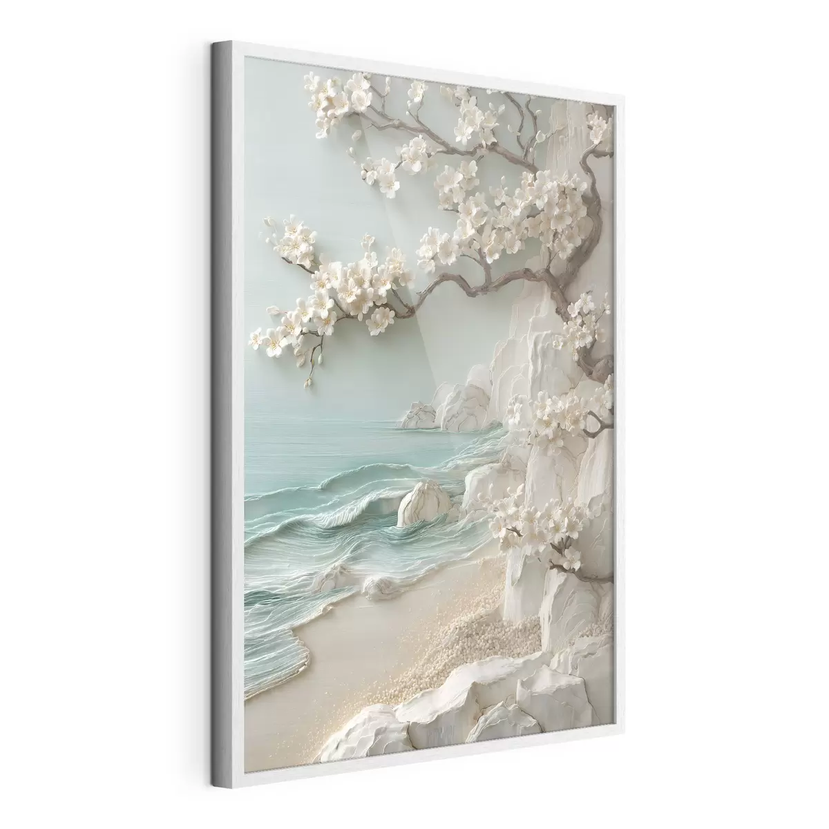 Poster Un albero in fiore in riva al mare, raffigurato in stile bassorilievo f49249