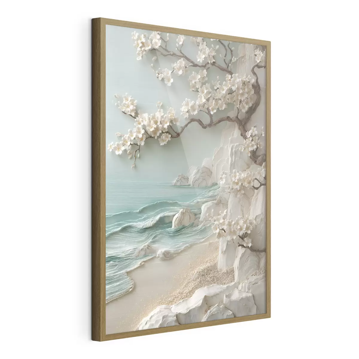 Poster Un albero in fiore in riva al mare, raffigurato in stile bassorilievo f49249