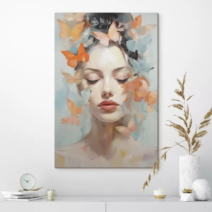 carta da parati Ritratto astratto di una ragazza con delle farfalle, imitazione di un dipinto nr. s49403