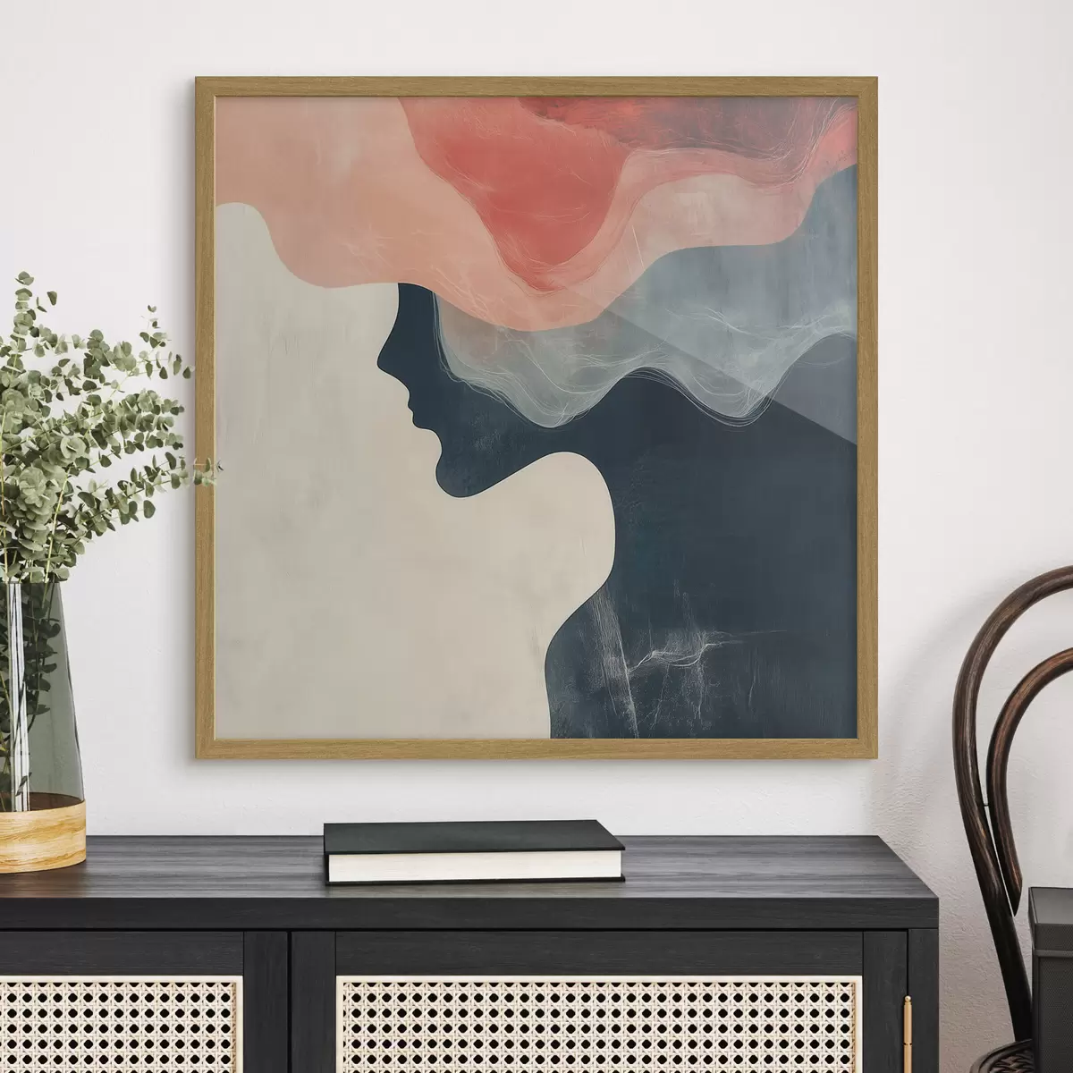 Poster Silhouette femminile astratta con onde color corallo e blu in stile minimalista f48882