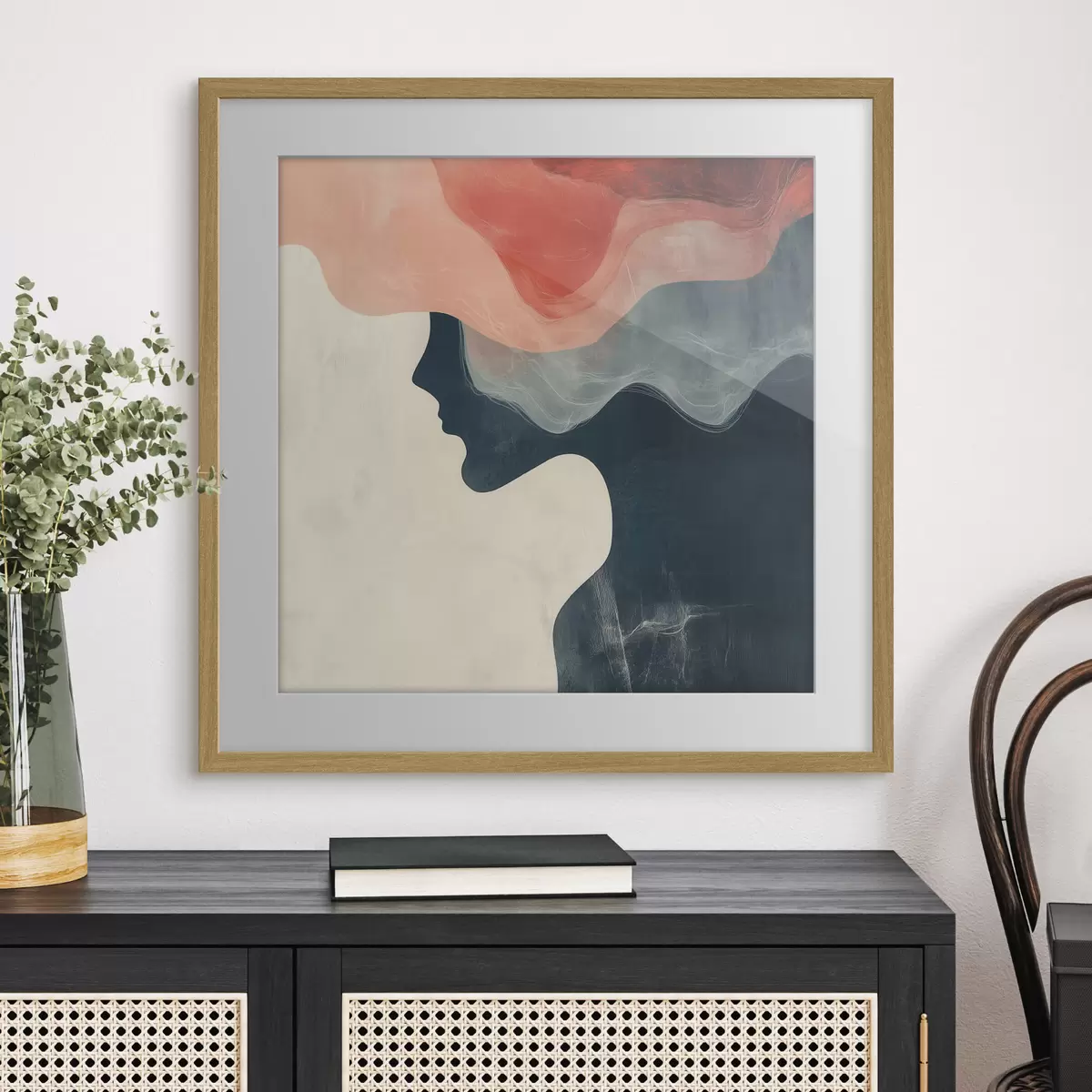 Poster Silhouette femminile astratta con onde color corallo e blu in stile minimalista f48882