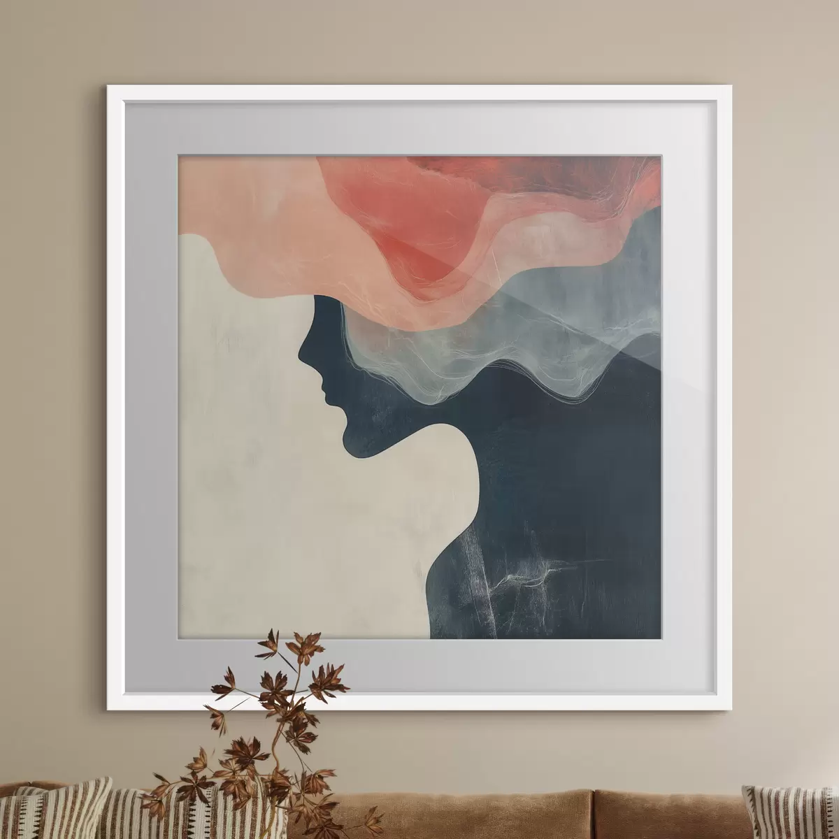 Poster Silhouette femminile astratta con onde color corallo e blu in stile minimalista f48882