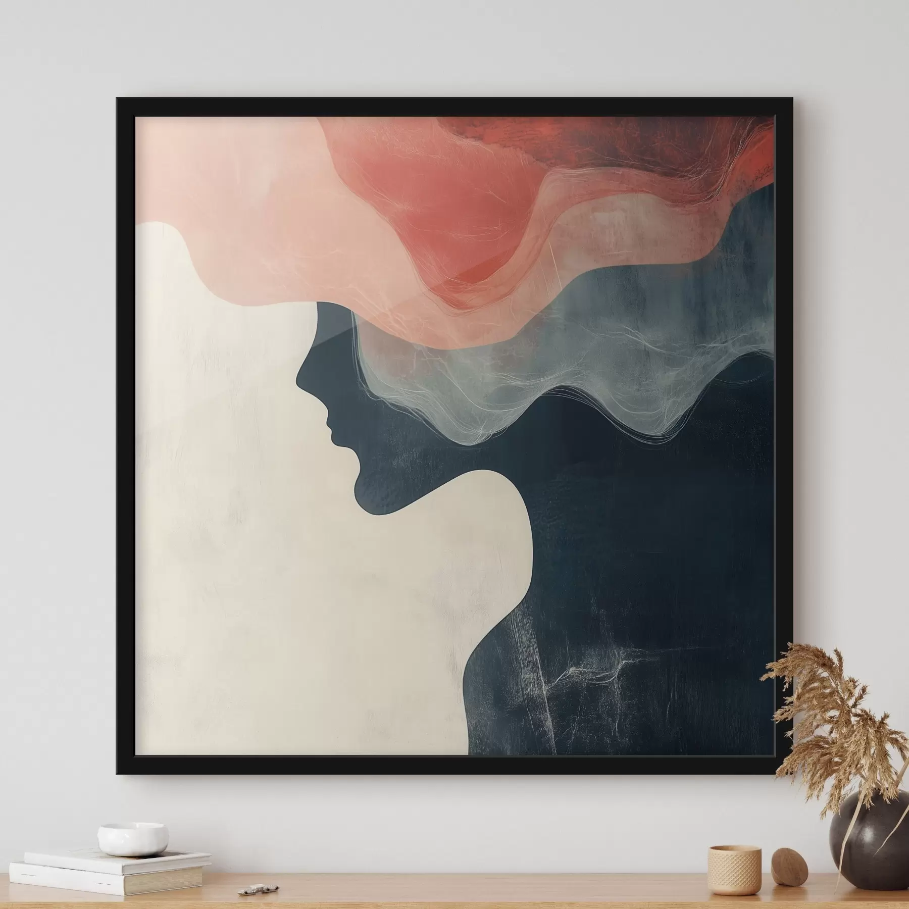carta da parati Silhouette femminile astratta con onde color corallo e blu in stile minimalista nr. f48882