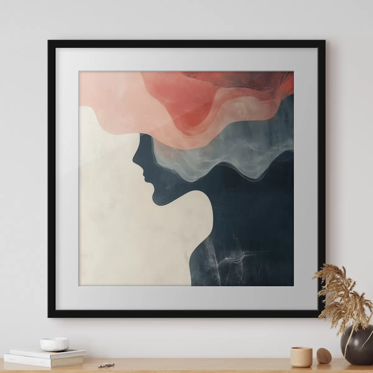 Poster Silhouette femminile astratta con onde color corallo e blu in stile minimalista f48882