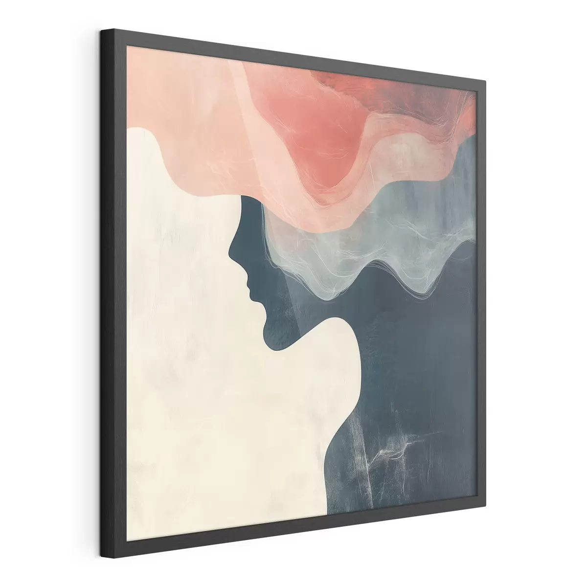 Poster Silhouette femminile astratta con onde color corallo e blu in stile minimalista f48882