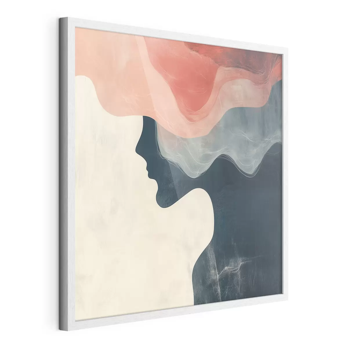 Poster Silhouette femminile astratta con onde color corallo e blu in stile minimalista f48882