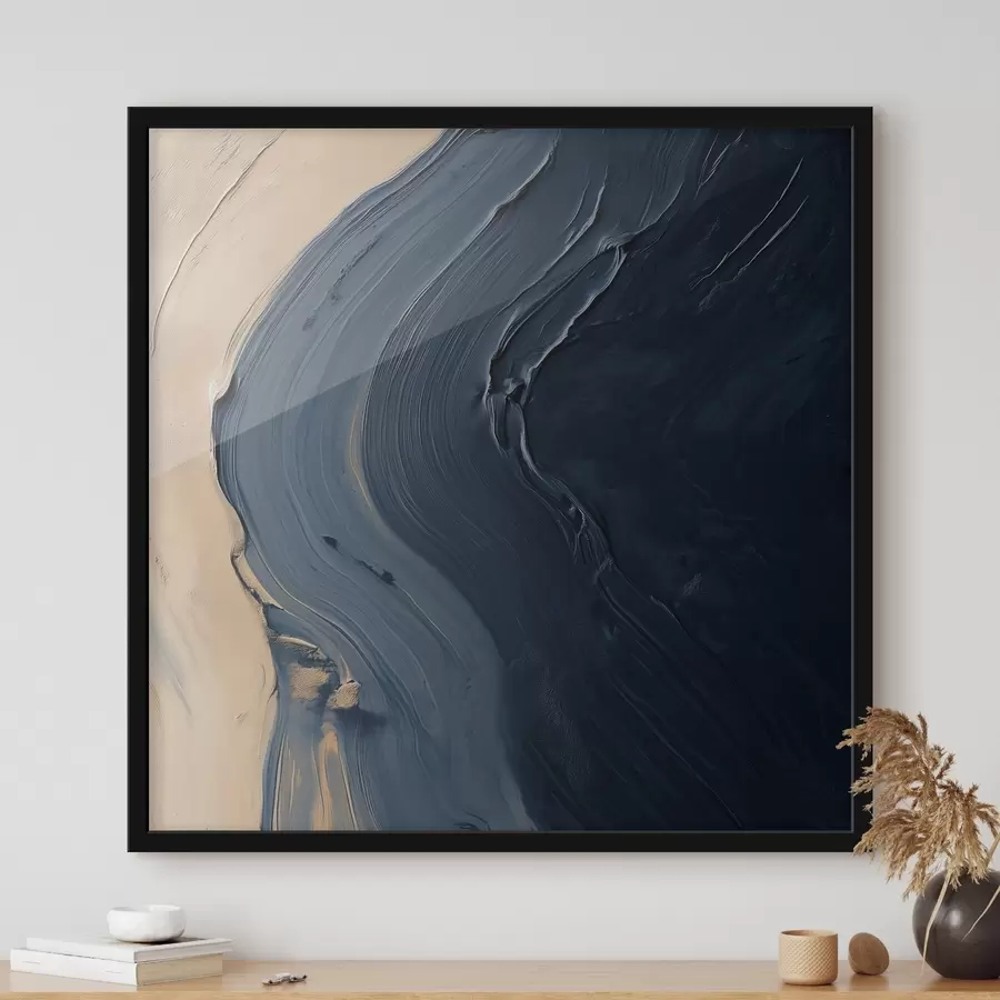carta da parati Onde astratte di un blu intenso su uno sfondo beige, con pennellate espressive in stile pittura a olio nr. f48884