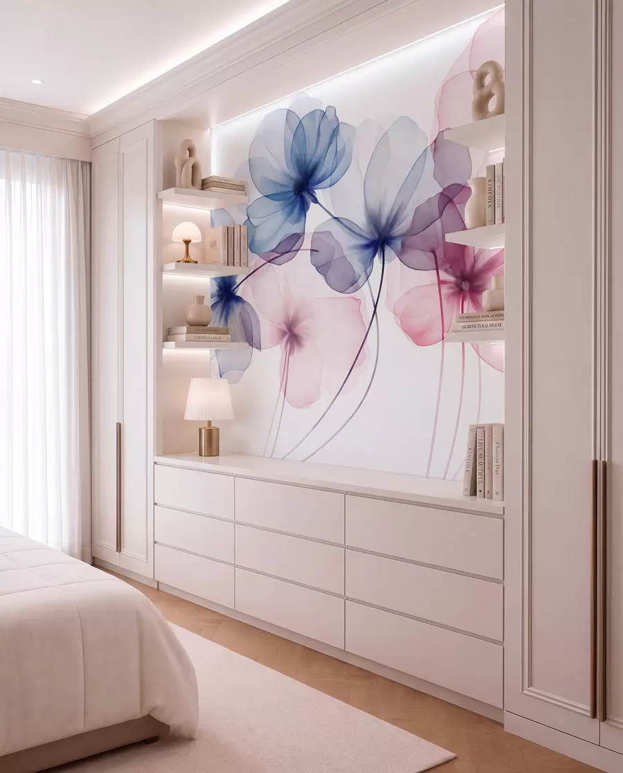 Carta da parati Floreale Fiori blu e rosa traslucidi e con texture su uno sfondo chiaro, dai petali delicati che si sovrappongono n. w09892