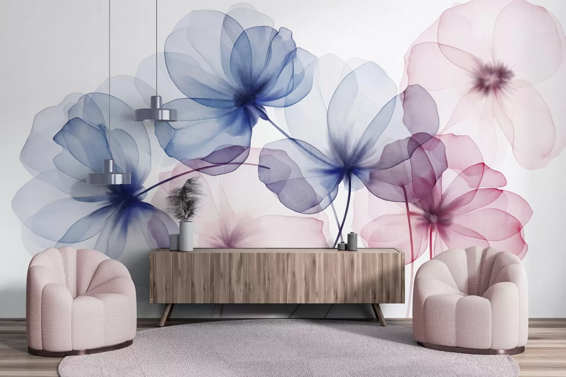 Carta da parati Floreale Fiori blu e rosa traslucidi e con texture su uno sfondo chiaro, dai petali delicati che si sovrappongono n. w09892